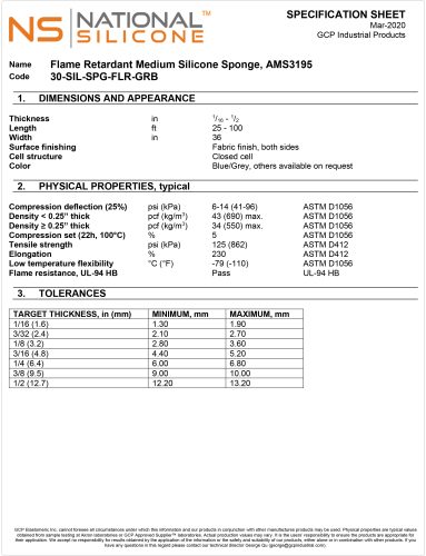 Flame Retardant Medium Silicone Sponge Specification sheet