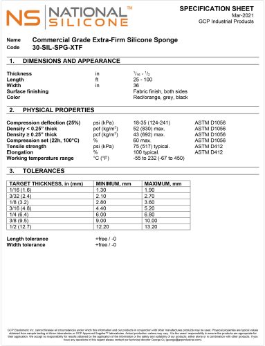 Extra Firm Silicone Sponge Specification sheet