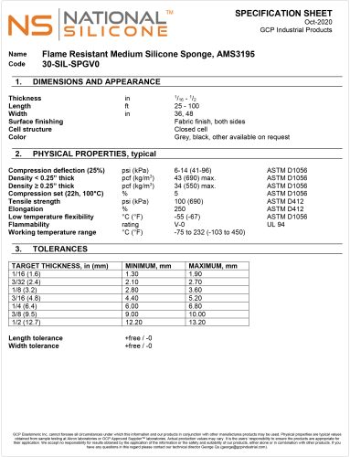 Flame Resistant Medium Silicone Sponge Specification Sheet