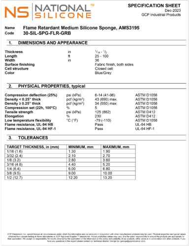 National Silicone 30-SIL-SPG-FLR-GRB FR Medium Cellular Silicone_202312